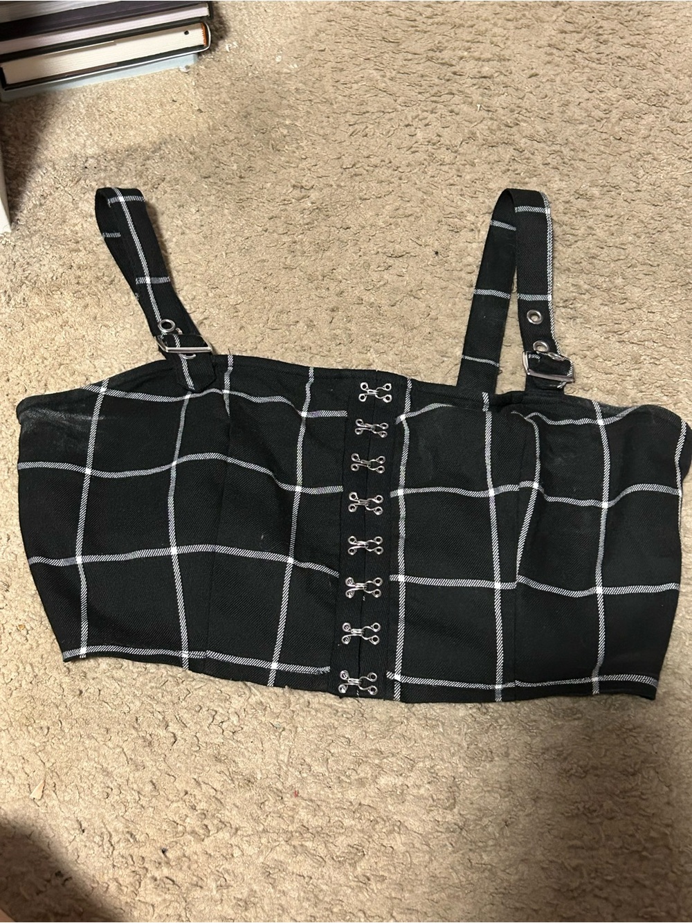 Hot Topic Black Windowpane Hook-Front Crop Top with Straps